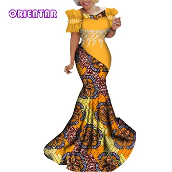 Móda Afriky Šaty Žien Dlho Strany africkej tlače šaty s Bielou Perlou Čipky Kvet Bazin Riche Lady Dlhé Šaty WY284