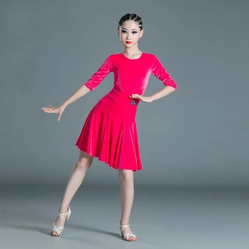 6 Farieb Dievčatá Latinskej Tanečnej Súťaže Kostým Fáze Výkonu Oblečenie Velvet Latinskej Šaty Split Sady Praxi Oblečenie