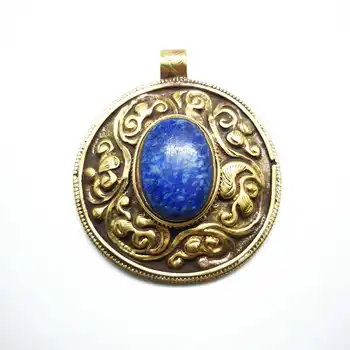TBP438 Prírodné Lapis Lazuli Veľký Prívesok Indickej Ručné Ročníka, Prívesky, Mosadz Zlatá Kvetina