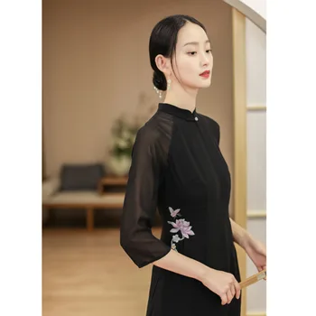 Čierne Slim Vintage Dlho Qipao Hanfu Ženy Čínske Tradičné Šaty Cheongsam Župan Orientale Vestido Chino Mujer Moderné Eleganti