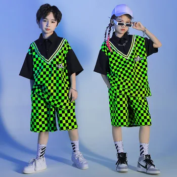 Dieťa Kpop Hip Hop Oblečenie Zelená Kockovaná Klope Nadrozmerné T Shirt Vrchole Letné Šortky pre Dievča, Chlapca, Jazz Tanečných Kostýmov, Šiat Nastaviť