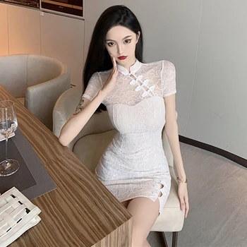Ženy Elegantnej Čipky Slim Cheongsam Kórejský Sexy Lady White Black Strany Mini Šaty Čínsky Štýl Qipao Šaty Vintage Vestidos