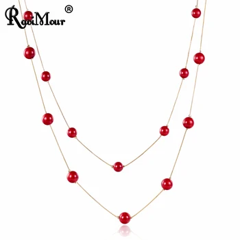 RAVIMOUR 4 Colos Červená Simulované Perlový Náhrdelník Ženy s Dlhými reťazcami, Viacvrstvové Choker Náhrdelník Šperky Trendy Sveter Príslušenstvo