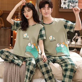 Nové Sleepwear Pár Mužov a Žien Zodpovedajúce Domov Vyhovuje Bavlna Pjs Cartoon Vytlačí Voľný Odev Plus Veľkosť Pyžamá pre Letné