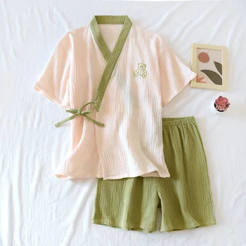 Nové jarné a letné Japonské kimono oblek dámy bavlna, krep-krátke rukávy pyžamo šortky dvoch-dielny set tenké pásiky ženy