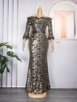Plus Veľkosť Turecko African Party Šaty pre Ženy 2022 Nové Off Ramenný Luxusné Sequin Svadbu Večerné Šaty Elegantné Vianočné Župan
