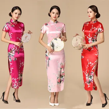 Kvetinový&Páva Ženy Tradičné Čínske Šaty Vintage Mandarin Golier Qipao Nadrozmerná Dlhé Štíhle Cheongsam 3XL 4XL 5XL 6XL