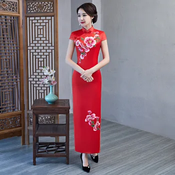 Veľká Veľkosť 5XL Kvetinový Sexy Cheongsam Dlho Ženy Rayon Qipao Mandarin Golier Čínske Šaty Šaty Vintage Večierok Vestidos