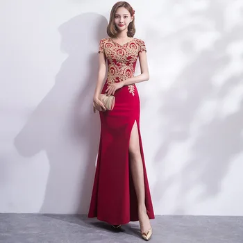 2018 Výšivky Cheongsam Dlho Tradičnej Čínskej Vintage Šaty Červená Morská Víla Svadobné Šaty Sexy Split Qipao Moderné Šaty