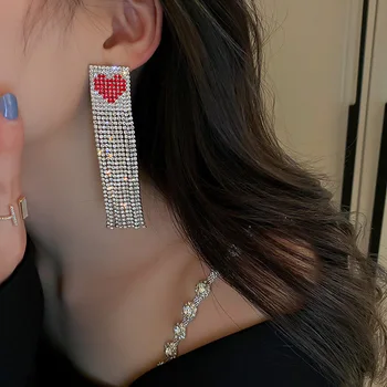 XIALUOKE Dlhý Strapec Geometrické Srdci Crystal Drop Náušnice Pre Ženy, Luxusné Elegantné Drahokamu Náušnice Svadobné Party Šperky