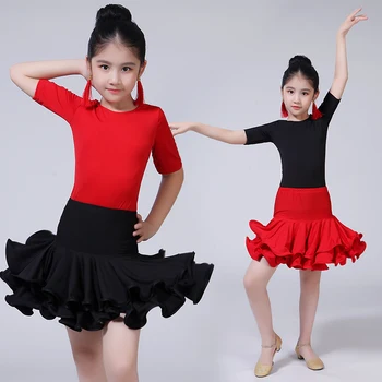 Deti Dievča Prax Latinskej Tanca Šaty Súťaže Výkon Oblečenie Červená Čierna Šitie Latinskej Šaty Dievča Dancewear Sukne