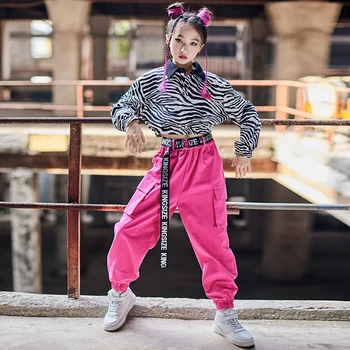 Detské Hip-Hop, Tanečné Oblečenie Dievčatá Orezaný Zebra Vzor Dlhým Rukávom Voľné Nohavice Vyhovovali Jazz Dance Stage Kostýmy DN10325