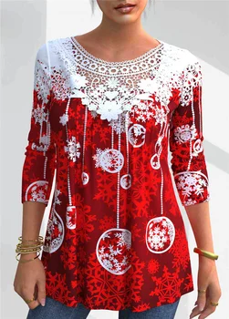 Vianočné Dlhý Rukáv Pulóver Fashion Street Party Tričko Tees Vytlačené Čipky Stitched T-shirt Jeseň Ženy Príležitostné O-Krku Topy